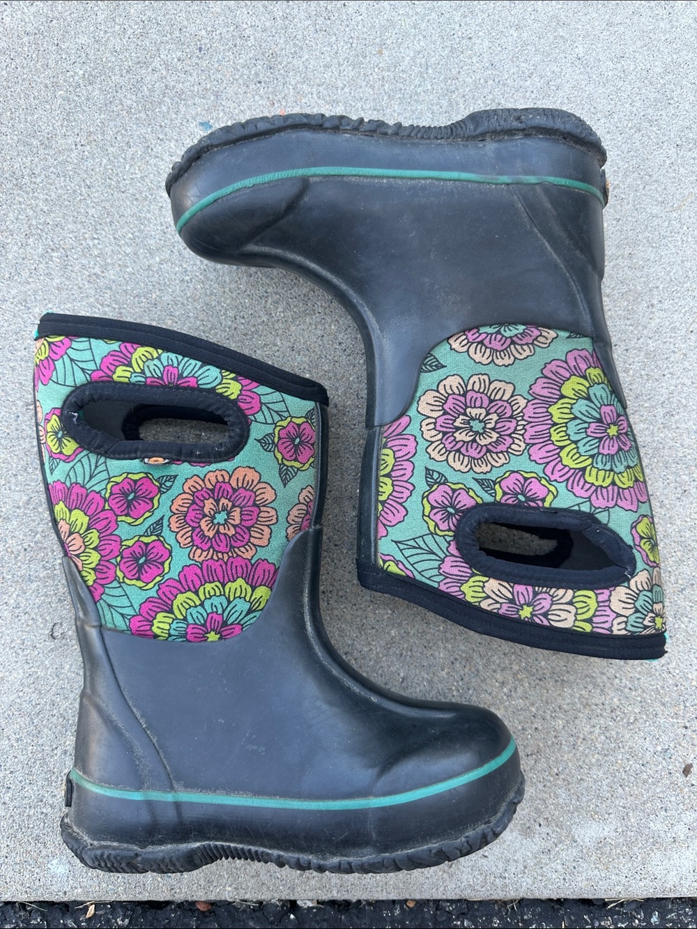 Bogs Kids Floral Mint Green Rain & Snow Boots with Pink and Yellow Flowers